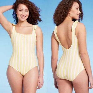 Sz. L Kona Sol Women's Striped Square Neck One Piece Swimsuit Yellow (LL6)